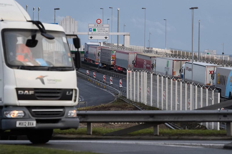 A line of trucks snakes along an access road leading towards the port of Calais on March 6th. Photograph: Leon Neal/Getty