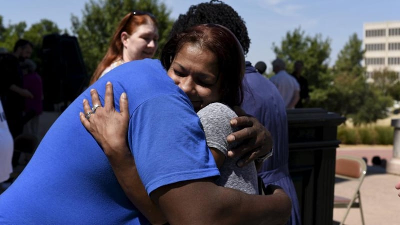 Christina Glossip (right), daughter of convicted murderer Richard Glossip, embraces acquitted death row inmate Nathan Fields during a protest against the scheduled execution. Photograph: Nick Oxford/Reuters