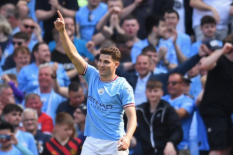 Manchester City's striker Julian Alvarez celebrates scoring the opening goal. Photograph: Oli Scarff/AFP via Getty