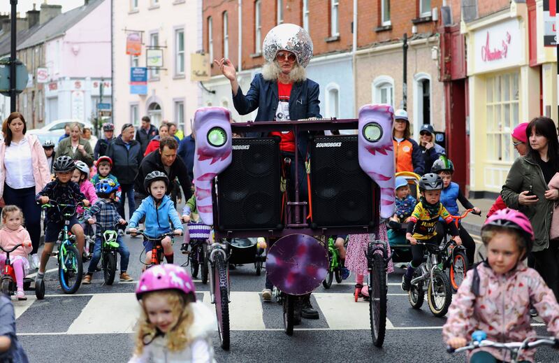 "DJ No Brakes" aka Con Horgan leads the Pedal Push Parade through Cavan town as part of Cavan's bike week