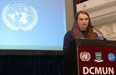 Saoirse Mackin, speaking at the 2022 Model United Nations, at City Hall, Cork. Photograph: Jim Coughlan.