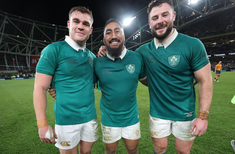 Ireland's Garry Ringrose, Bundee Aki and Robbie Henshaw after the win over Australia in November. Photograph: Billy Stickland/Inpho