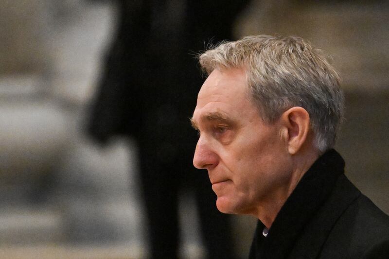 Archbishop Georg Ganswein pays his respect to Pope Emeritus Benedict XVI as his body lies in state at St Peter's Basilica in the Vatican, January 2023. Photograph: Alberto Pizzoli/AFP via Getty