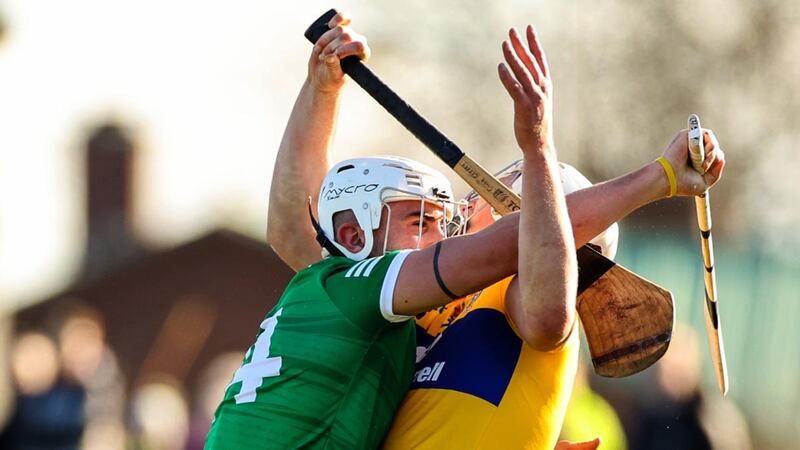 Limerick’s Aaron Gillane clashes with Conor Cleary of Clare resulting in a second yellow card  during the Allianz Hurling League Division 1A game at  Cusack Park. Photograph: James Crombie/Inpho