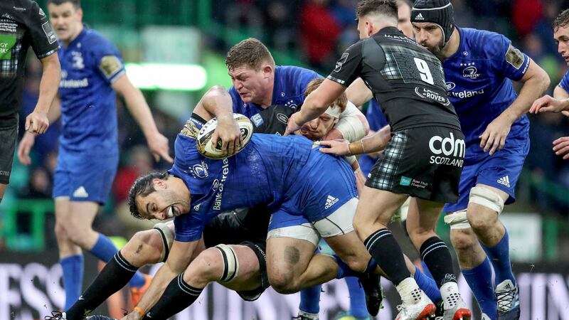 Leinster’s James Lowe and Tadhg Furlong in action against Glasgow Warriors’ Rob Harley and Ali Price. Photograph: Dan Sheridan/Inpho