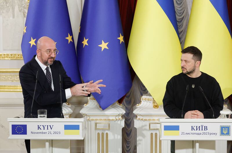 European Council president Charles Michel (left) with Ukraine's president Volodymyr Zelenskiy attend a joint press conference following their meeting in Kyiv on Tuesday. Photograph: Sergey Dolzhenko/EPA-EFE