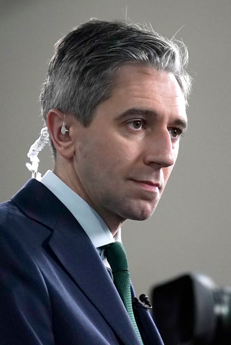 Taoiseach and Fine Gael leader Simon Harris during an interview at the election count centre at Shoreline Leisure Greystones in Co Wicklow. Photograph:  Niall Carson/PA Wire