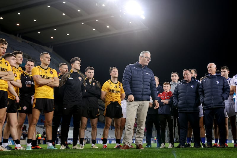 Connacht vs Ulster: GAA president Jarlath Burns talks to the team huddle after the game. Photograph: Ben Brady/Inpho