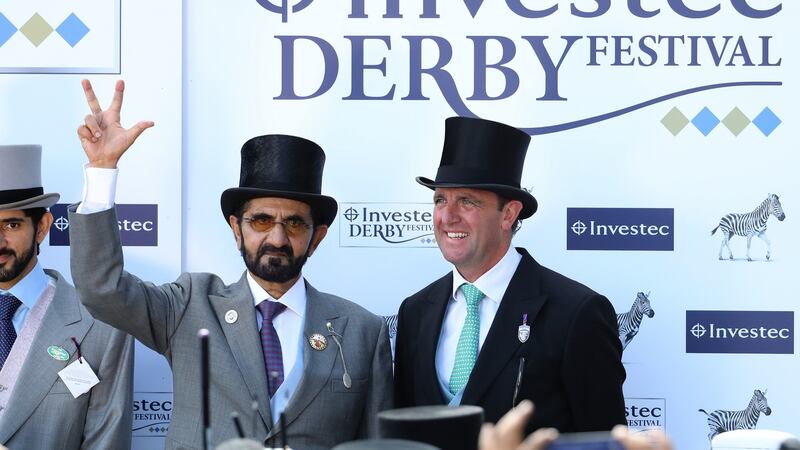 Godolphin owner Sheikh Mohammed and trainer Charlie Appleby celebrate Masar’s Derby victory. Photograph: Warren Little/Getty