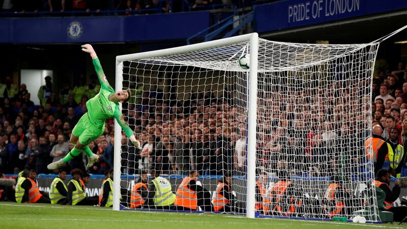 Chelsea goalkeeper Kepa Arrizabalaga is beaten by Daniel Sturridge’s shot for Liverpool’s late equaliser at Stamford Bridge. Photograph: John Sibley/Action Images via Reuters