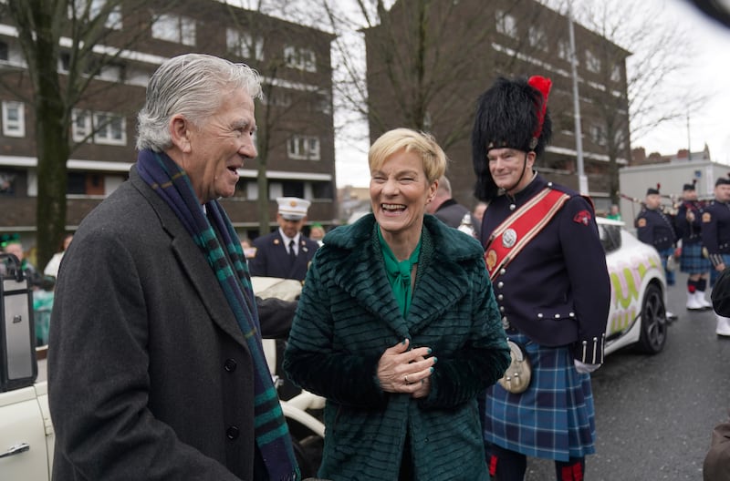 Actor Patrick Duffy and Vera Pauw, Republic of Ireland women's soccer manager, awaits at the start of the St Patrick's Day Parade in Dublin on Friday. Photograph: Brian Lawless/PA