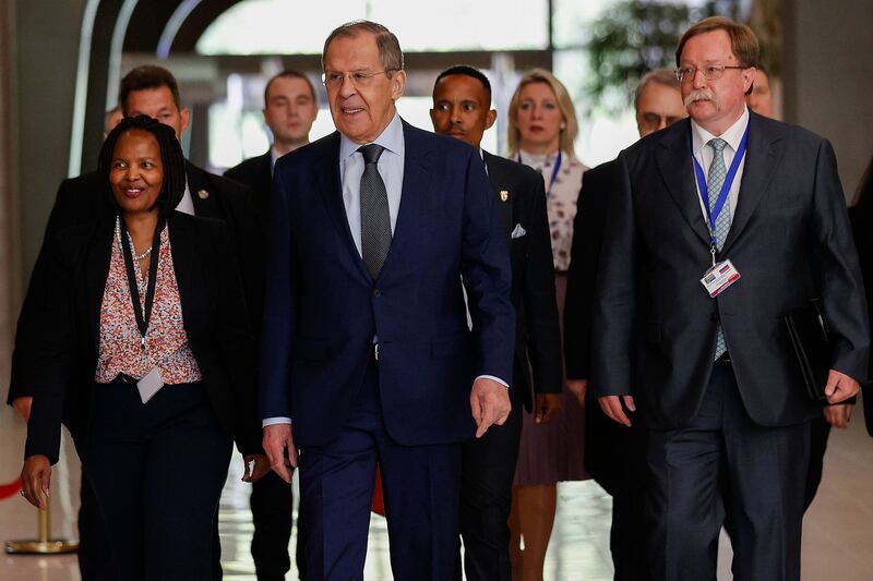 Russian minister for foreign affairs of Sergei Lavrov arrives for a meeting with South African minister of international relations and cooperation Naledi Pandor. Photograph: Phill Magakoe/AFP