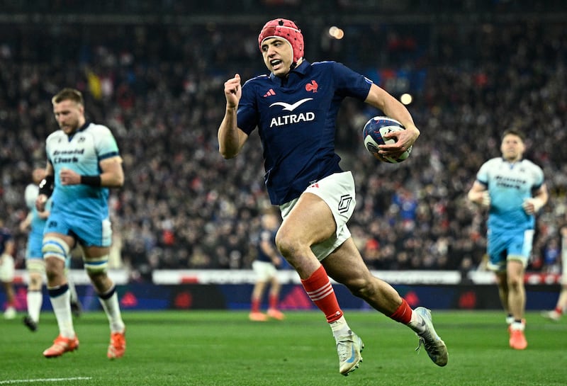 France wing Louis Bielle-Biarrey runs in to score his side's second try during the Six Nations match against Scotland at Stade de France. Photograph: Julien De Rosa/AFP via Getty Images