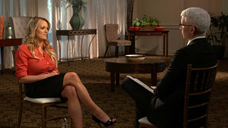 Trump sex allegations: Stormy Daniels talking to Anderson Cooper in the CBS interview to air on Sunday, March 25th. Photograph: CBS News via AP