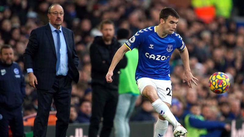 Rafael Benitez looks on as Seamus Coleman plays the ball during Everton’s defeat to Brighton. Photograph: Peter Byrne/PA