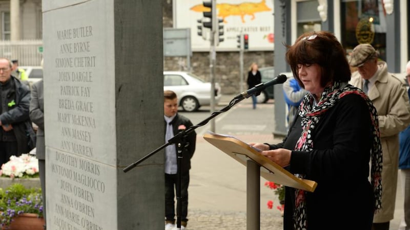 Anne Cadwallader speaks at the monument to commemorate the 41st anniversary of the Dublin and Monaghan bombings on Talbot Street. Photograph: Cyril Byrne/The Irish Times