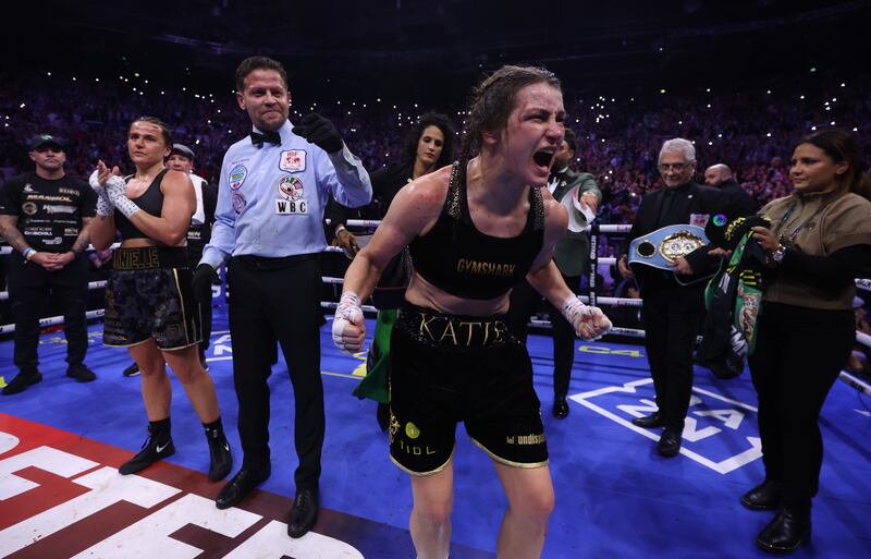 Katie Taylor celebrates her win over Chantelle Cameron at The 3Arena in Dublin. Photograph: Mark Robinson/Getty Images