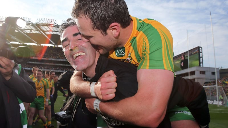 Donegal manager Jim McGuinness and Michael Murphy celebrate after the All-Ireland Senior Football final in 2012. Photograph: Cathal Noonan/Inpho