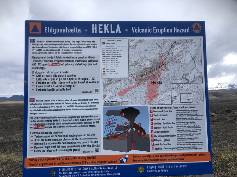 The sign warning potential hikers of the explosion risk posed by Hekla.