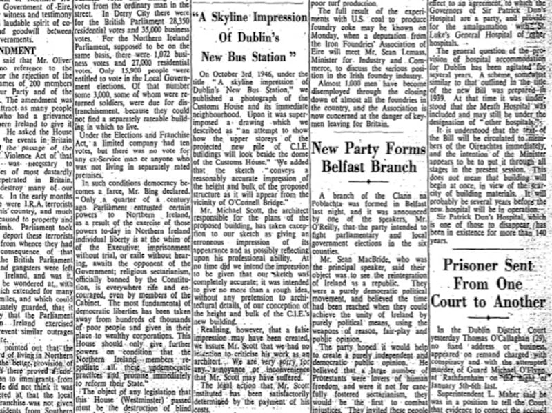 The Irish Times front page from June 14 1947, featuring an apology to Busaras architect Michael Scott