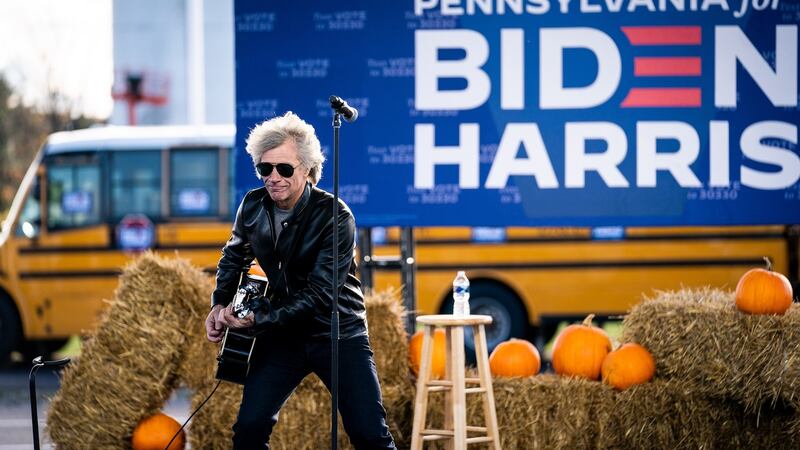 Jon Bon Jovi performs at a campaign event for Joe Biden, the Democratic presidential nominee, at Bucks County Community College. Photograph: Erin Schaff/The New York Times