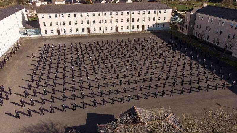 A drone picture of the 319 new gardaí during an attestation ceremony at the Garda Training College in Templemore, Co Tipperary. Photograph: Mark Condren/PA Wire.