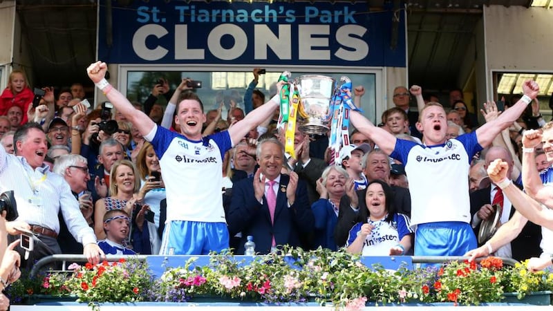 Monaghan’s Conor McManus and Colin Walshe celebrate with the Anglo Celt Cup. Photograph: Cathal Noonan/Inpho