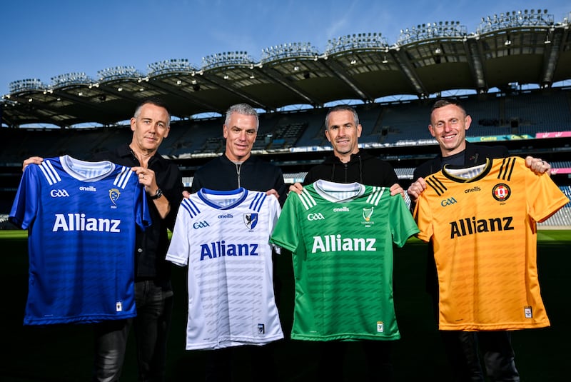 Munster selector Paul Shankey, Connacht manager Pádraic Joyce, Leinster manager Dessie Dolan and Ulster manager Kieran Donnelly at the Croke Park media briefing ahead of Allianz Interprovincial series. Photograph:  David Fitzgerald/Sportsfile