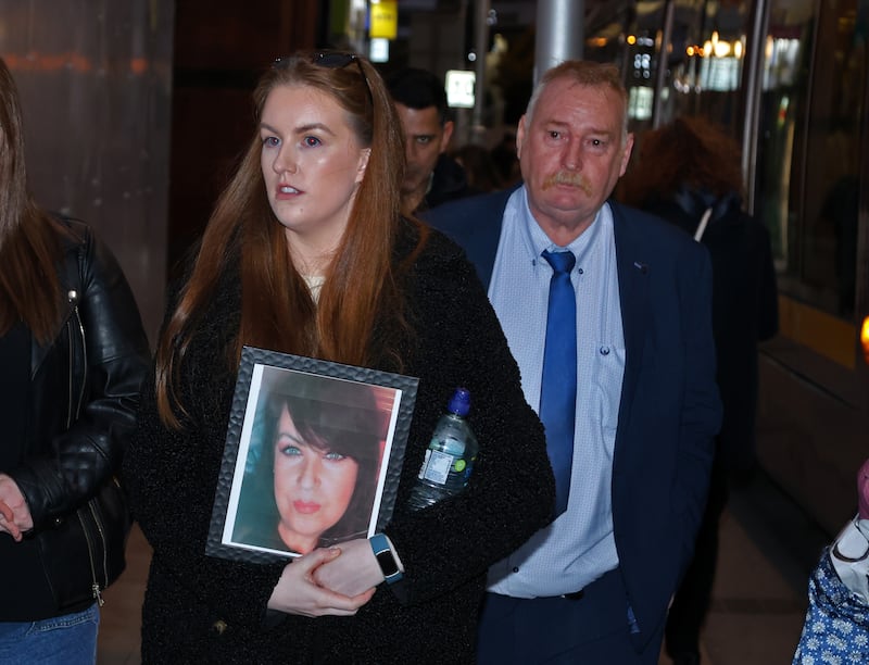 Kieva Cronin Walsh, daughter of Eilis Cronin Walsh, and James Walsh, Eilis's husband, pictured leaving the Dublin District Coroner's Court this afternoon. Photograph: Colin Keegan/Collins