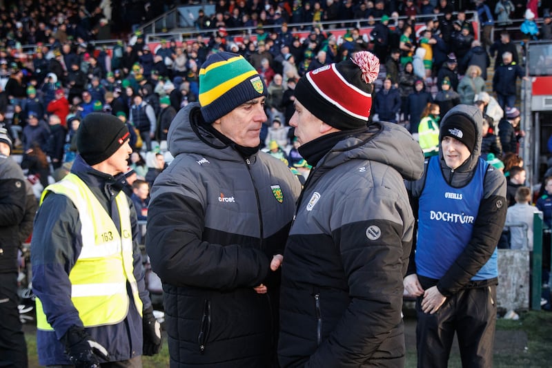 Donegal manager Jim McGuinness with Galway manager Padraic Joyce following the league game in Pearse Stadium. Donegal face Derry in the championship a week after the league final. Photograph: Ben Brady/Inpho