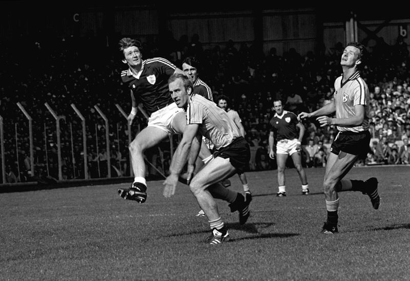 Brian Mullins of Dublin attempts to block down Galway's Brian Talty during the 1983 All-Ireland final at Croke Park. Photograph: Billy Stickland/Inpho