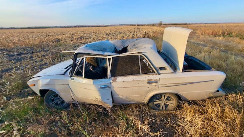 The driver of this civilian car was killed in eastern Ukraine this month when it was attacked by an explosive-carrying Russian drone. Photograph courtesy of Vasyl Pipa.