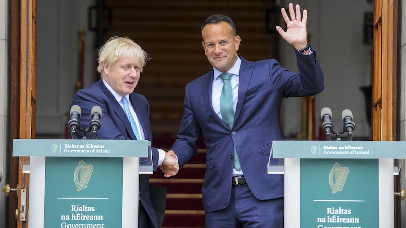 British prime minuister Boris Johnson (left)  and Taoiseach Leo Varadkar shake hands following a news conference at Government Buildings in Dublin on Monday. Photograph: Bloomberg