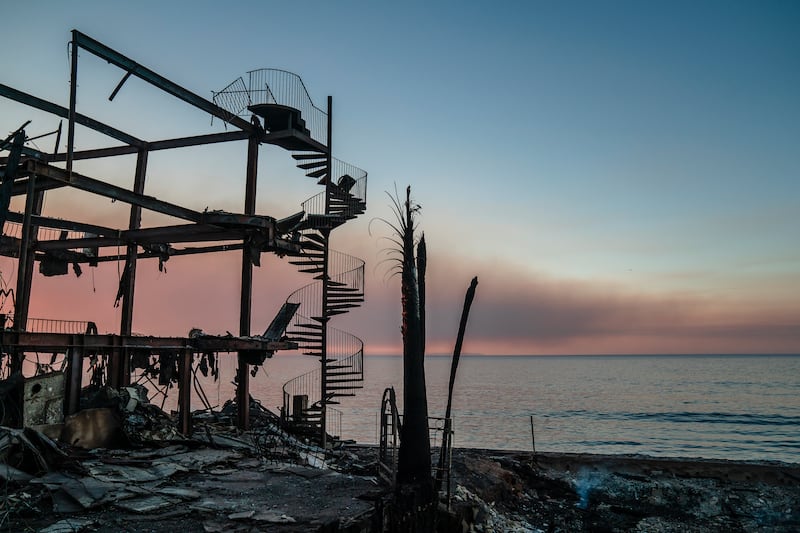 A stairwell remains at a home destroyed by the Palisades fire at sunrise in Malibu, California. Photograph: Ariana Drehsler/The New York Times
                      