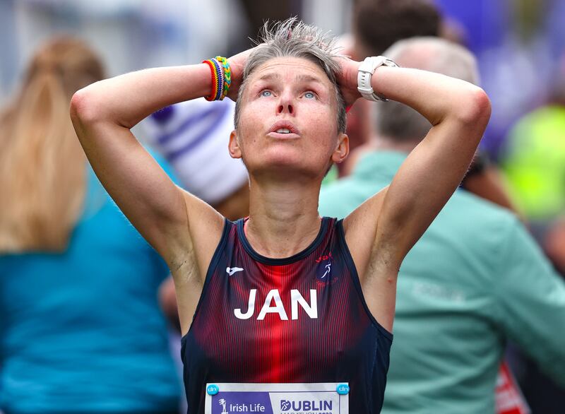 Jan Corcoran of le Chéile AC after finishing the race. Photograph: INPHO/Bryan Keane