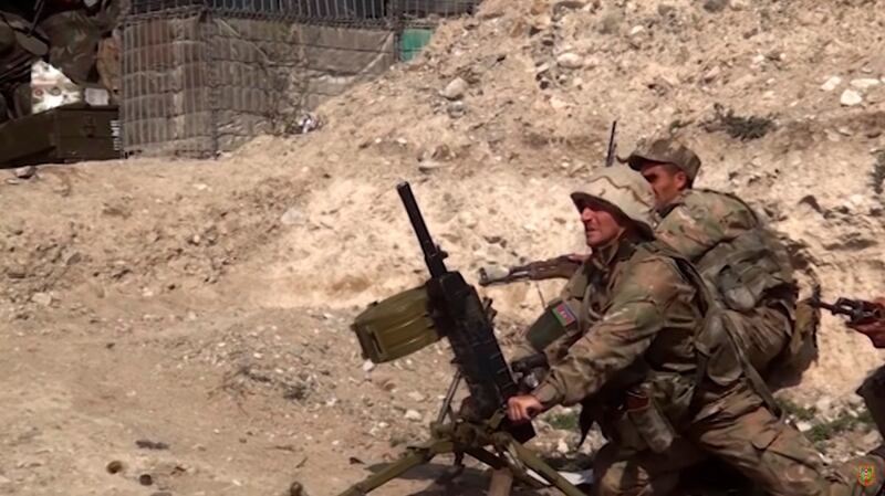 A still image taken from a handout video footage published Monday on the official website of the Azerbaijan’s Defence Ministry shows Azerbaijani army serviceman during a military operation at the contact line of Nagorno-Karabakh. Photograph:  Azerbaijan’s Defence Ministry