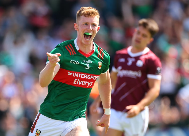 Mayo’s David McBrien celebrates scoring a goal against Galway. Photograph: James Crombie/Inpho