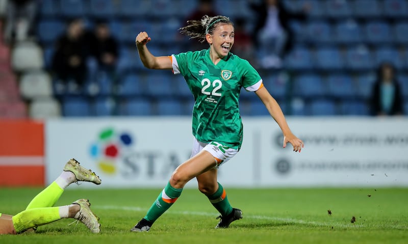 Ireland’s Abbie Larkin celebrates scoring her sides eighth goal against Georgia in their World Cup qualifier last year. Photograph: Ryan Byrne/Inpho