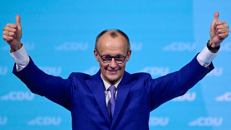 Christian Democratic Union (CDU) leader Friedrich Merz acknowledges the applause after his speach during the CDU congress in Berlin, on February 3rd. Photograph: John MacDougall/AFP/Getty Images          