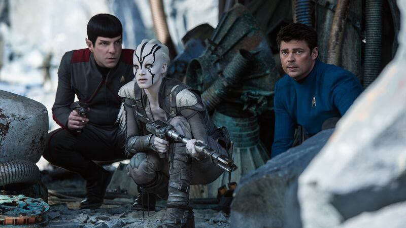 Space cadets: Zachary Quinto as Mr Spock, Sofia Boutella as Jaylah and Karl Urban as Dr ‘Bones’ McCoy in Star Trek Beyond