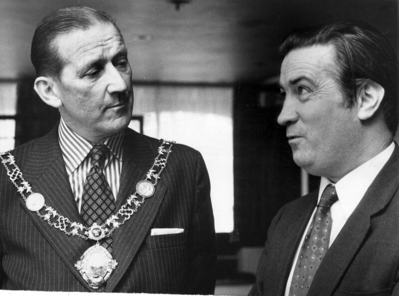 Dublin Chamber of Commerce president Harry bambrick with minister for industry and commerce Justin Keating during a Chamber of Commerce luncheon at Jury's hotel, Dublin, in May 1975. Photograph: Jimmy McCormack