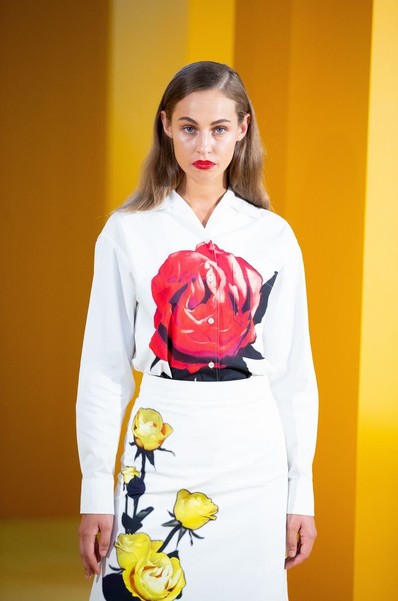 Thalia Heffernan wearing Prada Shirt €790 and Rose Print Prada Skirt €790. Photograph: Tom Honan