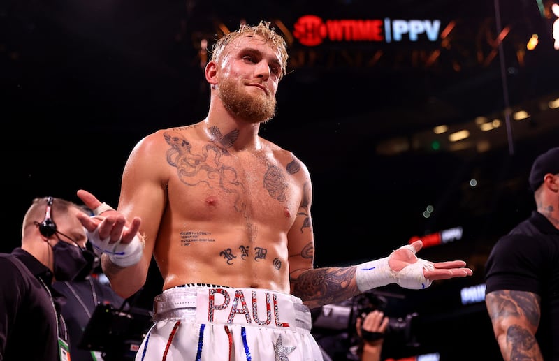 Jake Paul reacts to knocking out Tyron Woddley in the sixth round during an eight-round cruiserweight bout at the Amalie Arena in Tampa, Florida in 2021. Photograph: Mike Ehrmann/Getty Images