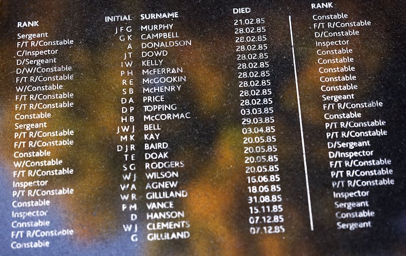 Names of RUC officers killed during the Troubles carved on one of the marble tablets in the RUC Memorial Garden