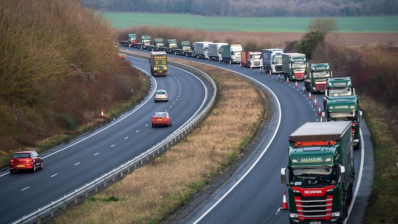 Trucks sit stacked on a highway en-route to Dover from Manston Airport. Photograph: Chris J Ratcliffe/Bloomberg