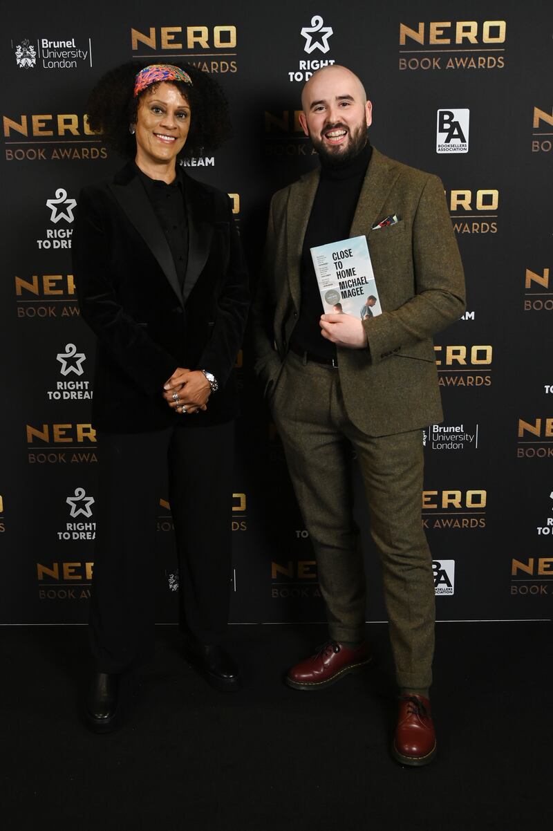 Chair Bernardine Evaristo and  Michael Magee at the inaugural Nero Book Awards ceremony in London. Photograph: Eamonn M McCormack/Getty Images 