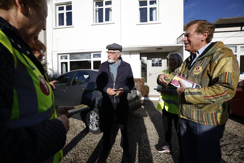 Alan Shatter in Wyndham Park in Ballinteer, Dublin with local resident Sean Cunningham. Photograph: Nick Bradshaw