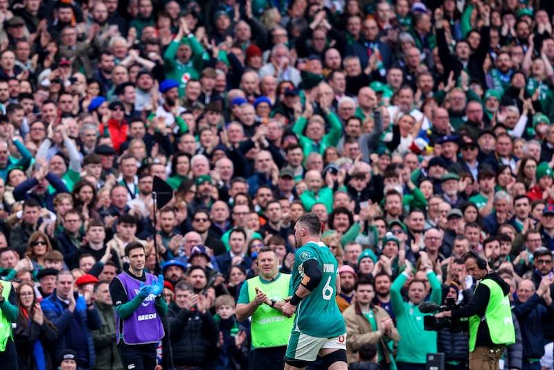 Peter O’Mahony is applauded off in his final home appearance for Ireland. Photograph: Ben Brady/Inpho