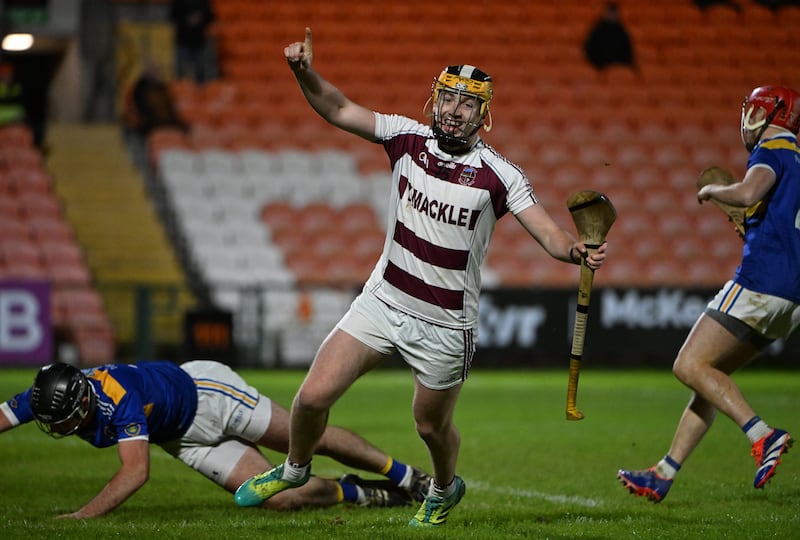 Shea Cassidy celebrates after he scored Slaughtneil's second goal. Photograph: Inpho