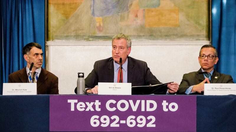 New York City mayor Bill de Blasio  with Dr Mitchell Katz (left),  whose agency was chosen to run New York’s coronavirus tracing. Photograph: Gabriela Bhaskar/New York Times